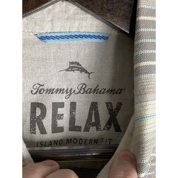 TOMMY BAHAMA RELAX Mens Beige Striped Button Up Long Sleeve Shirt Size M Island - Picture 6 of 12